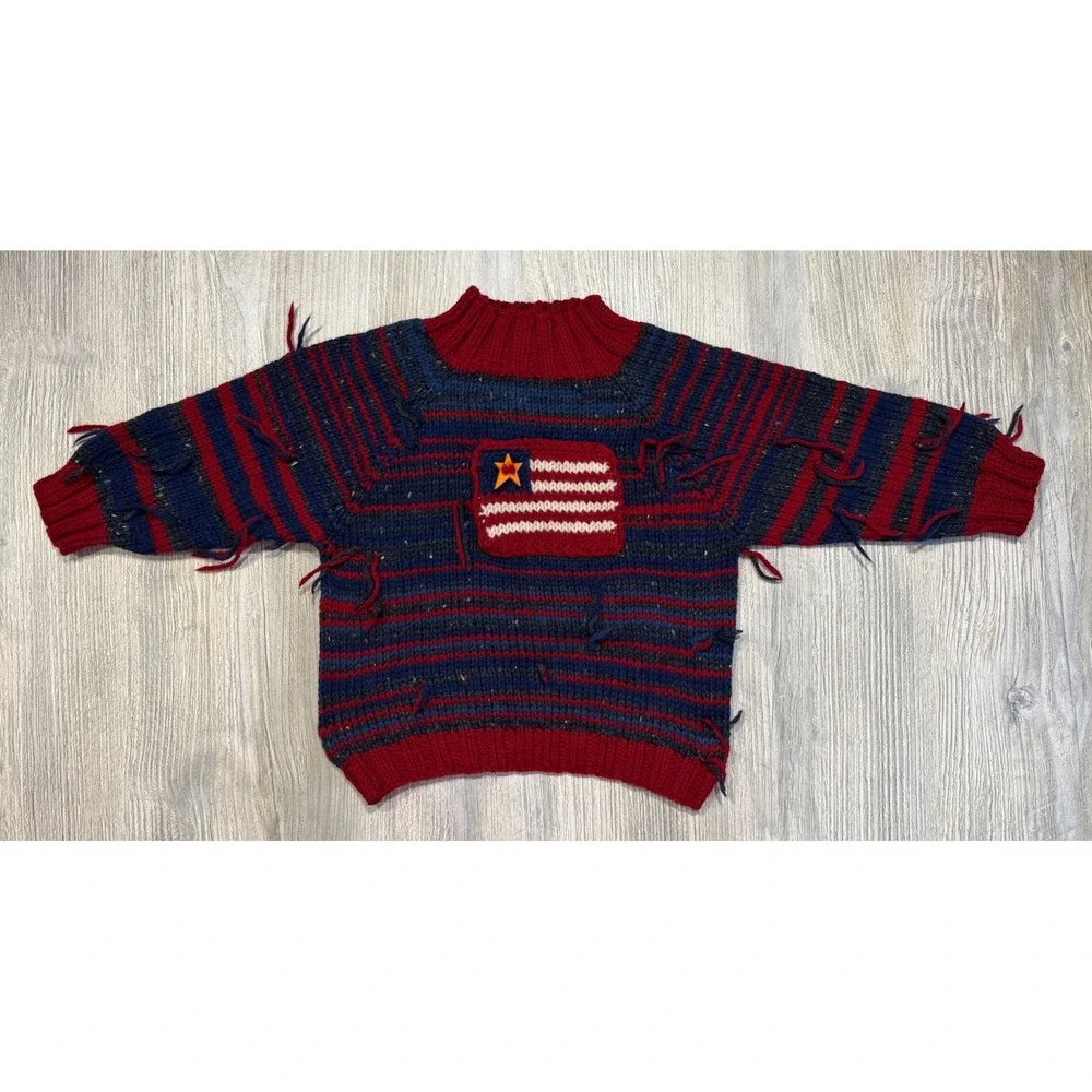Handmade Kids Knit American Flag Sweater Red Blue Striped Distressed Grannycore